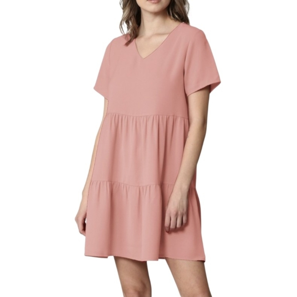 Pink Tiered Mini Dress with Short Sleeves
